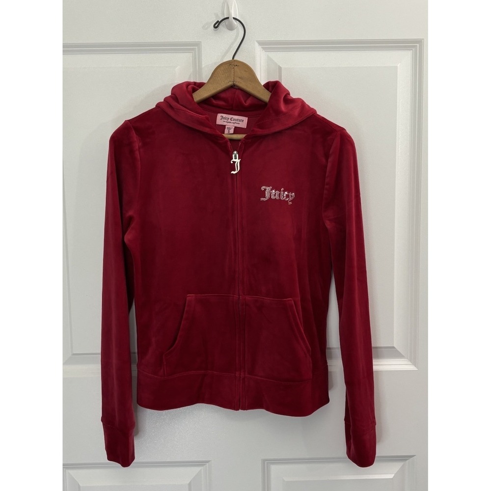 Juicy Couture Velour Jacket‎ Women's S Red Hoodie Full Zip Rhinestone Logo 0451